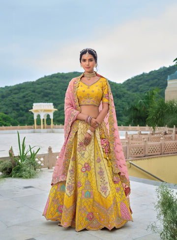 Yellow Shaded Beautiful Traditional Designer Elegant Embroidery Work Cut Work Silk Lehenga - 7107